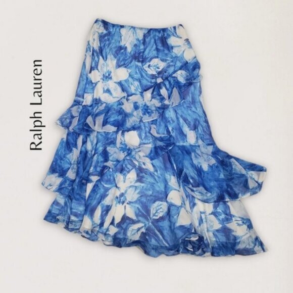 Ralph Lauren XL Ruffled Floral Midi Skirt 100% Silk - Picture 14 of 16